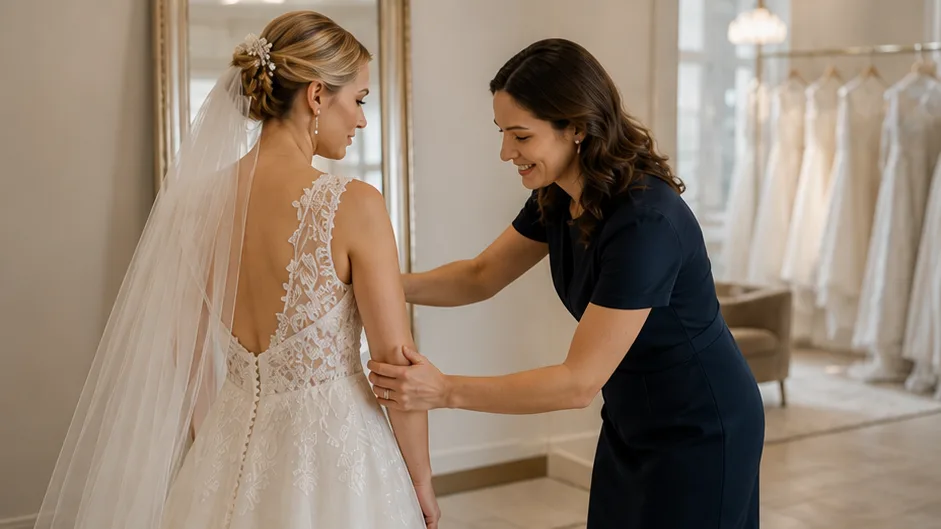 A bridal consultant giving a bride her full attention during a fitting