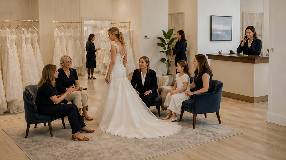 A bridal boutique team caring for several appointments while a separate receptionist handles a call